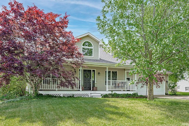 845 N Timberline Cir E, Warsaw, IN 46582 - obstructed view of property featuring covered porch, a garage, a front lawn, concrete driveway, and a shingled roof