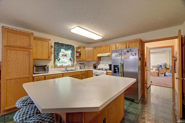 7373 Locust Lake Rd, Spencer, IN 47460 - kitchen with stainless steel fridge with ice dispenser, under cabinet range hood, white gas range oven, light countertops, and a sink