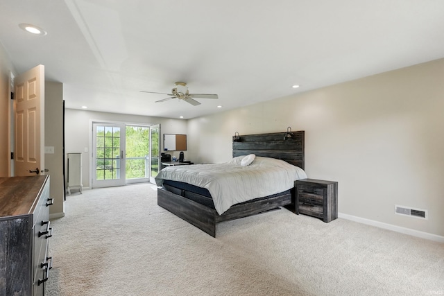 bedroom with carpet, access to outside, recessed lighting, baseboards, and ceiling fan
