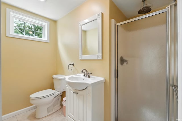 bathroom with tile patterned floors, a stall shower, vanity, toilet, and baseboards