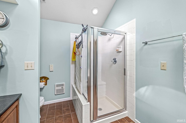 3455 Bridgetown Rd, Bristol, IN 46507 - full bathroom with heating unit, a tile shower, toilet, vanity, and recessed lighting