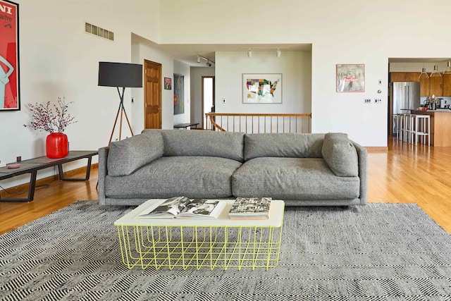 living room featuring wood finished floors and track lighting