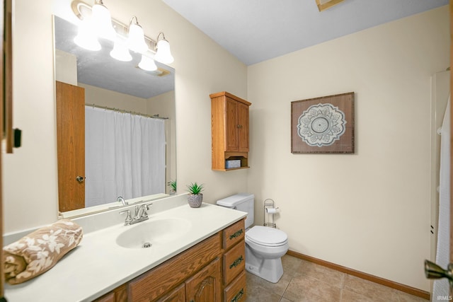 1600 Blue Heron Way S, Bend, IN 46628 - bathroom featuring toilet, vanity, tile patterned flooring, baseboards, and curtained shower