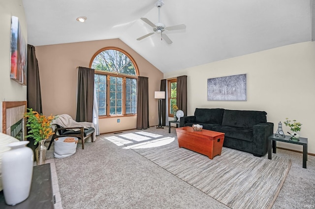 1600 Blue Heron Way S, Bend, IN 46628 - living room with carpet floors, a ceiling fan, and lofted ceiling