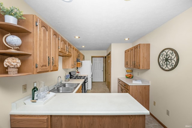 1600 Blue Heron Way S, Bend, IN 46628 - kitchen featuring a sink, open shelves, gas stove, light countertops, and a peninsula