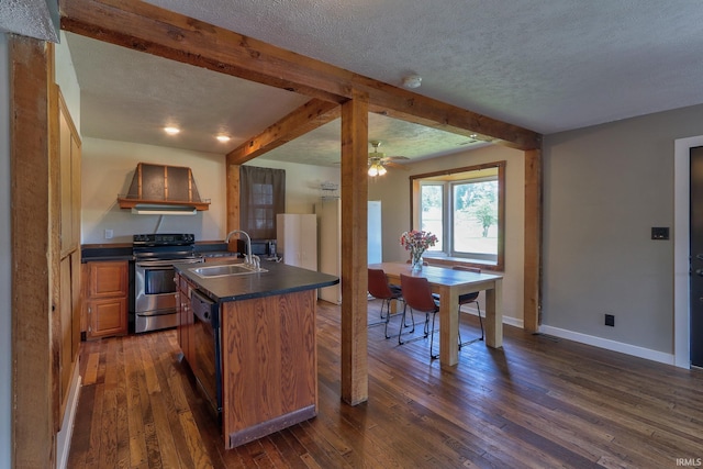 120 W Williams St, Chandler, IN 47610 - kitchen with a sink, electric stove, wall chimney range hood, dark countertops, and a textured ceiling