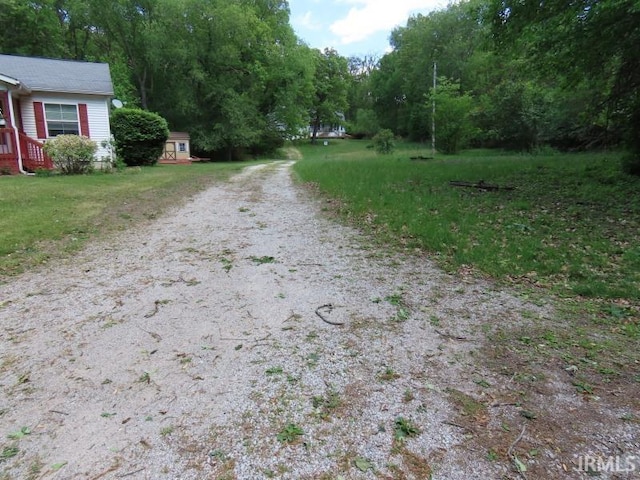 view of dirt / gravel driveway with a wooded view