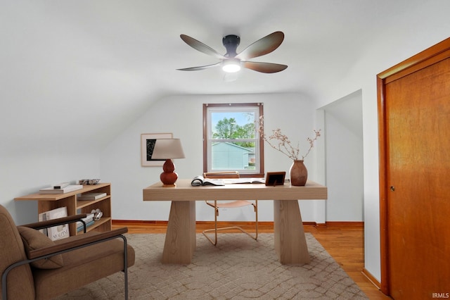 3560 Sandpoint Rd, Fort Wayne, IN 46809 - office space with a ceiling fan, wood finished floors, baseboards, and vaulted ceiling