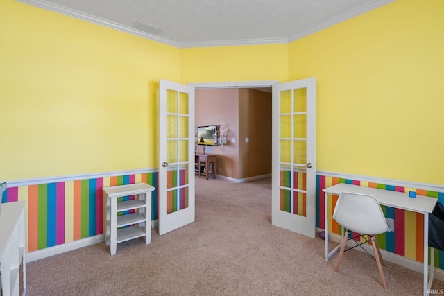3934 Rushgrove Dr, Lafayette, IN 47909 - playroom with french doors, carpet, crown molding, and baseboards