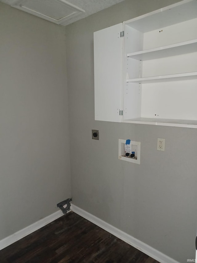 4020 N Fourth Ave, Evansville, IN 47711 - laundry room featuring hookup for a washing machine, dark wood finished floors, hookup for an electric dryer, baseboards, and attic access