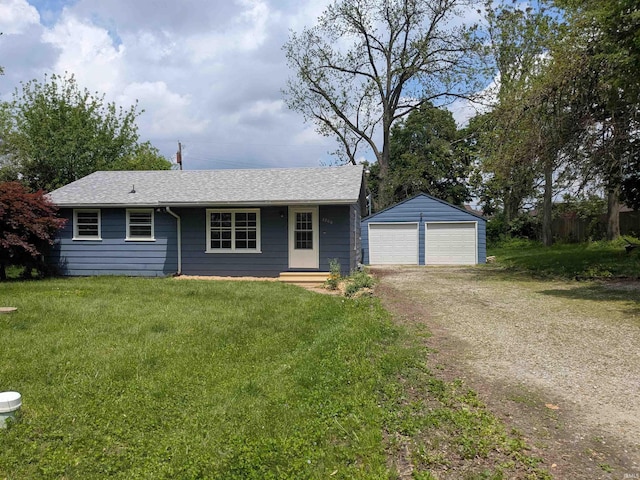 single story home with a garage, an outdoor structure, a front yard, and roof with shingles