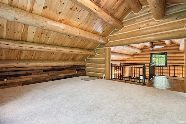 7428 E 400 N Rd, Rolling Prairie, IN 46371 - bonus room with log walls, ceiling fan, carpet, and wooden ceiling