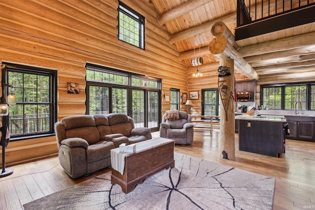 7428 E 400 N Rd, Rolling Prairie, IN 46371 - living room with light wood finished floors, wood ceiling with exposed beams, high vaulted ceiling, and log walls