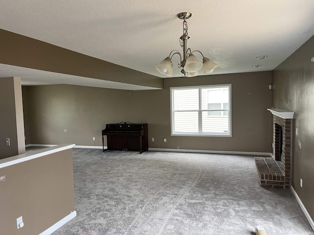 201 Riley Dr, Fort Wayne, IN 46825 - unfurnished living room featuring carpet, a chandelier, a brick fireplace, a textured ceiling, and baseboards