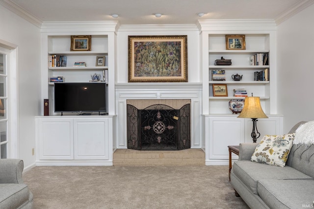 9838 Gulfstream Ct, Fishers, IN 46037 - carpeted living area featuring a fireplace, crown molding, and built in features