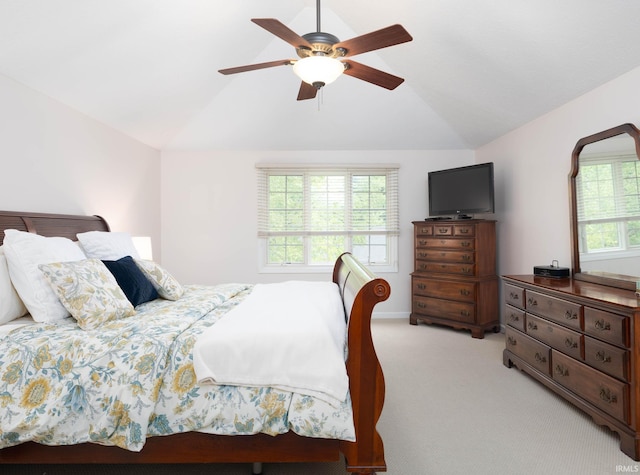 9838 Gulfstream Ct, Fishers, IN 46037 - bedroom with vaulted ceiling, light colored carpet, and ceiling fan