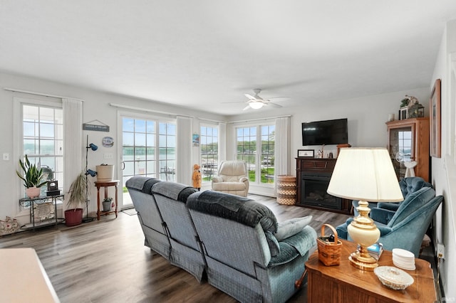 living area with a ceiling fan, wood finished floors, and a fireplace