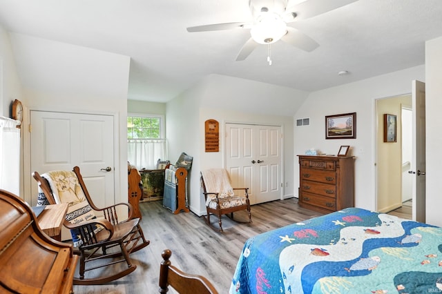 bedroom featuring light wood-style floors, lofted ceiling, ceiling fan, and a closet