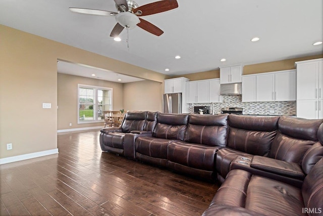 3102 Paradise Cir, Newburgh, IN 47630 - living room with ceiling fan, baseboards, dark wood-type flooring, and recessed lighting