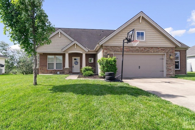 3102 Paradise Cir, Newburgh, IN 47630 - craftsman inspired home featuring concrete driveway, a front yard, a garage, and stone siding