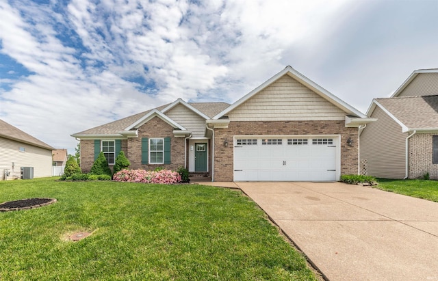 2108 Longway Ct, Evansville, IN 47711 - craftsman house featuring a garage, brick siding, driveway, central AC unit, and a front yard