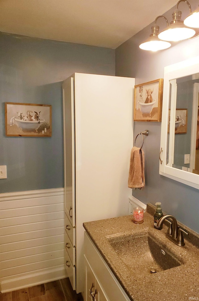 301 Raleigh Rd, Galveston, IN 46932 - bathroom featuring a sink, wood finished floors, and wainscoting