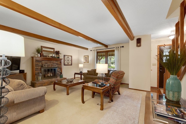 103 Ironwood Ave, Kendallville, IN 46755 - living area with beam ceiling, a brick fireplace, and carpet floors