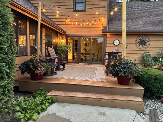 103 Ironwood Ave, Kendallville, IN 46755 - entrance to property featuring a shingled roof and a deck