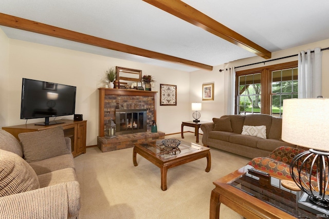 103 Ironwood Ave, Kendallville, IN 46755 - living area featuring beam ceiling, light carpet, a fireplace, and baseboards