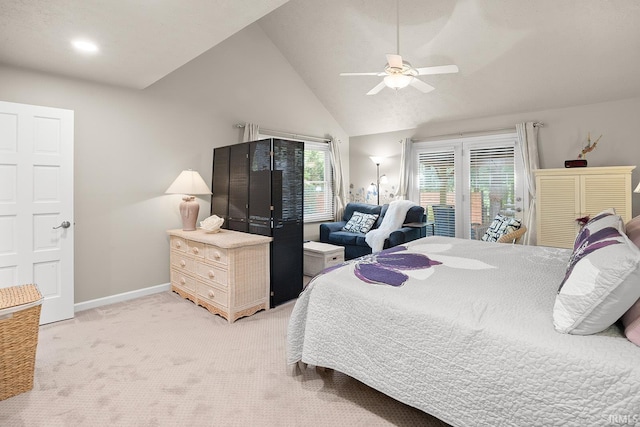 125 Durkees Run Dr, Lafayette, IN 47905 - bedroom with access to exterior, light colored carpet, vaulted ceiling, baseboards, and a ceiling fan