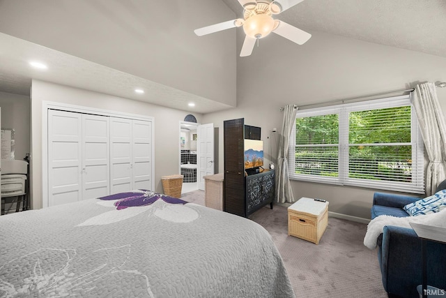 125 Durkees Run Dr, Lafayette, IN 47905 - bedroom with carpet flooring, baseboards, high vaulted ceiling, a closet, and recessed lighting