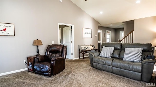 2014 Buell Dr, Angola, IN 46703 - living room with carpet floors, baseboards, recessed lighting, high vaulted ceiling, and stairway