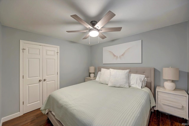 1881 E Eagle Bay Dr, Bloomington, IN 47401 - bedroom featuring wood finished floors, ceiling fan, a closet, and baseboards