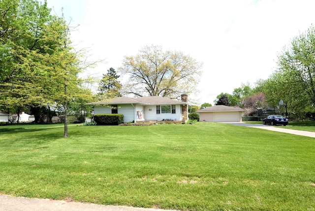 328 N Harding Ave, Mishawaka, IN 46544 - ranch-style home featuring a chimney, a front yard, and a detached garage