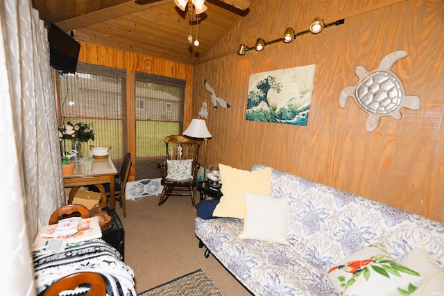 328 N Harding Ave, Mishawaka, IN 46544 - carpeted living area featuring wood ceiling, lofted ceiling, a ceiling fan, and wood walls