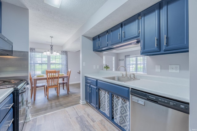 3417 S Westminster Way, Bloomington, IN 47401 - kitchen with stainless steel dishwasher, blue cabinets, a sink, black range with electric stovetop, and a textured ceiling