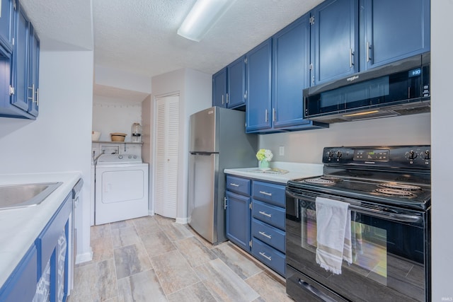 3417 S Westminster Way, Bloomington, IN 47401 - kitchen with black appliances, washer / dryer, blue cabinetry, light countertops, and a textured ceiling