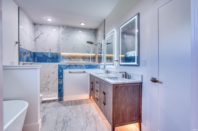 3605 Sand Dr, Newburgh, IN 47630 - bathroom with a marble finish shower, a soaking tub, double vanity, marble finish floors, and recessed lighting