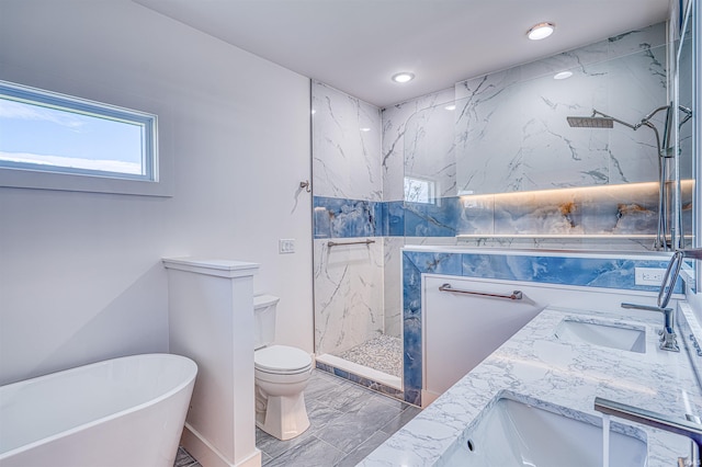 3605 Sand Dr, Newburgh, IN 47630 - full bathroom with marble look tiles, a marble finish shower, toilet, a soaking tub, and double vanity