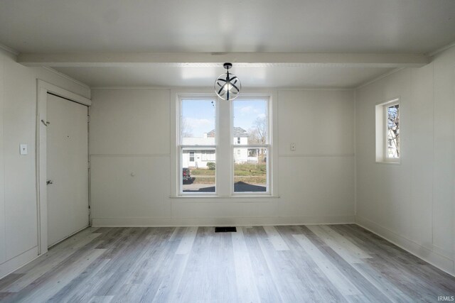 1437 Oakland St, Fort Wayne, IN 46808 - unfurnished dining area featuring beamed ceiling, light wood-style flooring, and healthy amount of natural light