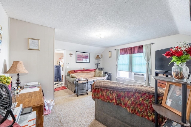 1437 Oakland St, Fort Wayne, IN 46808 - carpeted living room featuring vaulted ceiling, cooling unit, and a textured ceiling