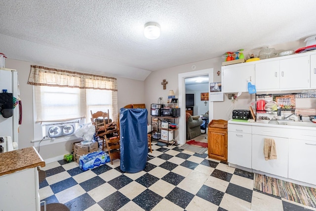 1437 Oakland St, Fort Wayne, IN 46808 - kitchen with light floors, a sink, a textured ceiling, white cabinets, and light countertops