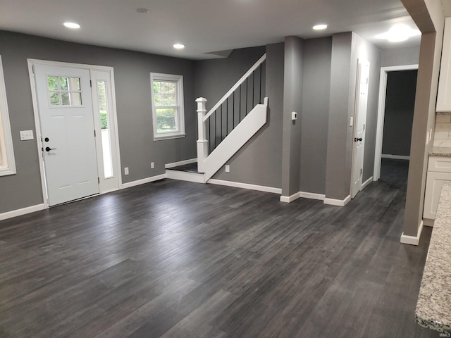 2607 S Airport Rd, Monticello, IN 47960 - foyer with stairway, dark wood-style flooring, baseboards, and recessed lighting