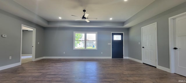 377 N 3rd St, Montgomery, IN 47558 - entrance foyer featuring ceiling fan, dark wood finished floors, recessed lighting, baseboards, and a raised ceiling