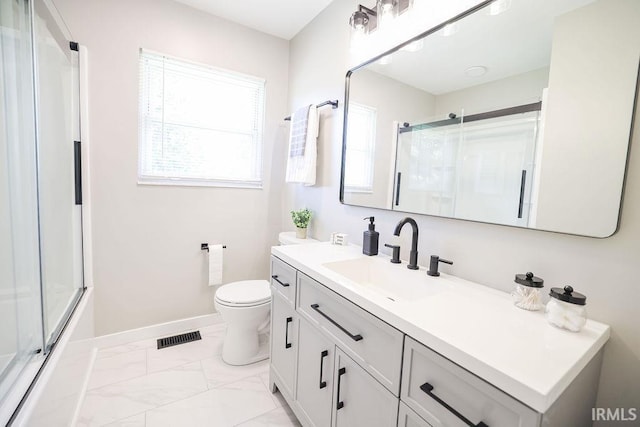904 Hall Ave, Oolitic, IN 47446 - full bath featuring vanity, an enclosed shower, marble finish floors, and toilet