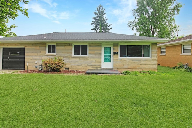 2301 E Delaware St, Evansville, IN 47711 - ranch-style house featuring stone siding, a front yard, crawl space, and a garage