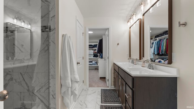 5263 Gadwall Pass, Fort Wayne, IN 46818 - full bath featuring marble look tile flooring, a spacious closet, double vanity, a marble finish shower, and baseboards