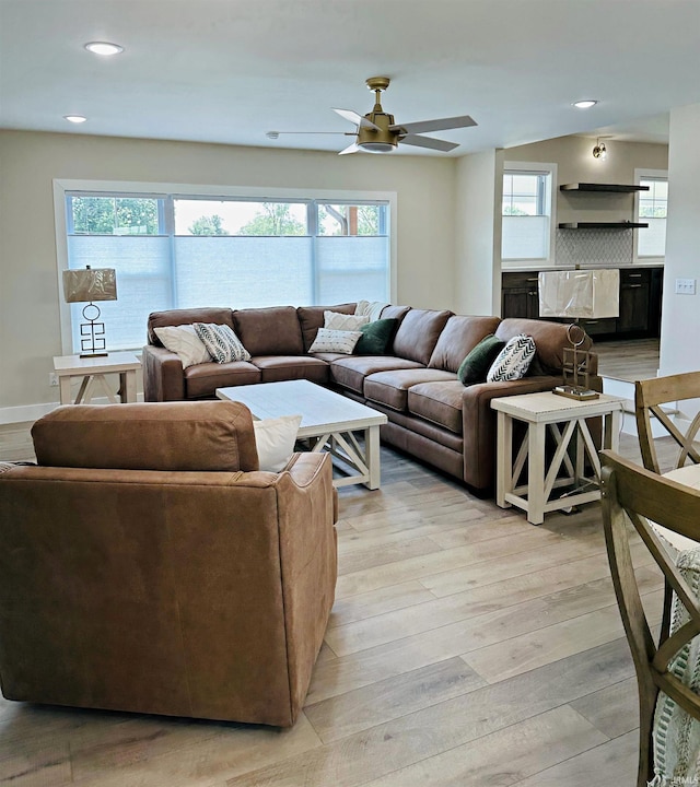 1412 E National Hwy, Washington, IN 47501 - living room featuring a ceiling fan, light wood-style flooring, plenty of natural light, and recessed lighting