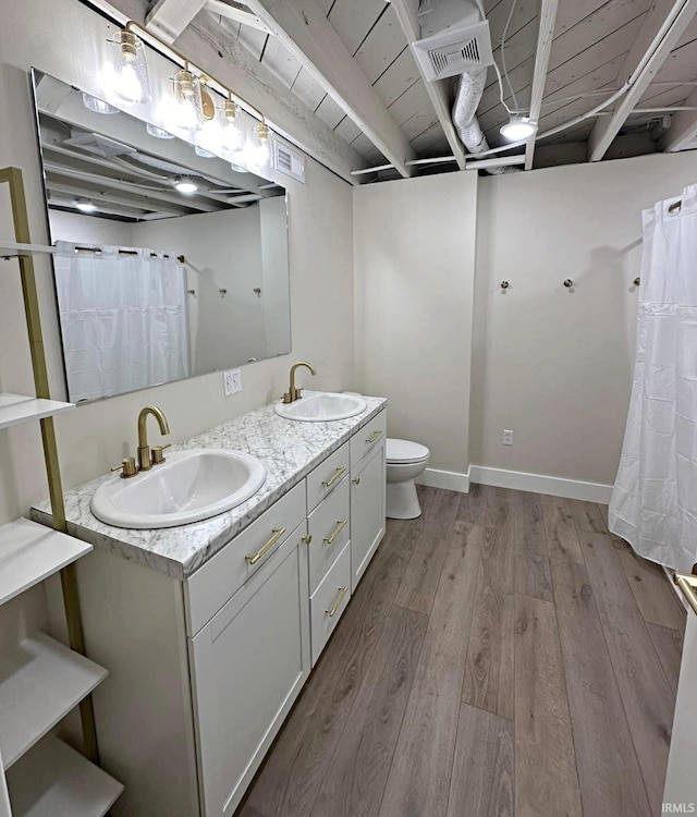 1412 E National Hwy, Washington, IN 47501 - full bath with wood finished floors, toilet, double vanity, and a shower with curtain