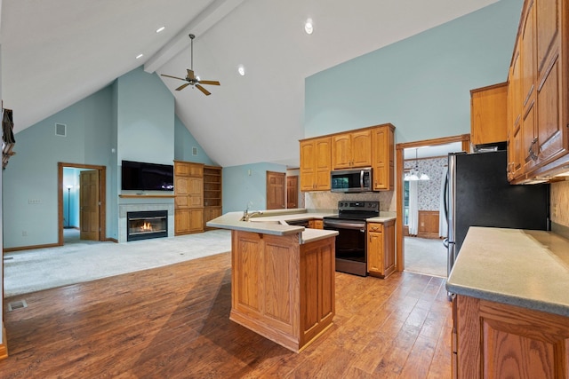 1395 E 75 N, Lagrange, IN 46761 - kitchen featuring stainless steel appliances, high vaulted ceiling, a tile fireplace, a ceiling fan, and beamed ceiling